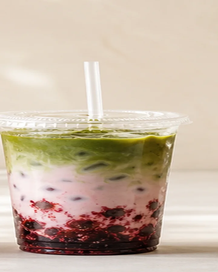 Berry Matcha dengan warna hijau dan berry pink